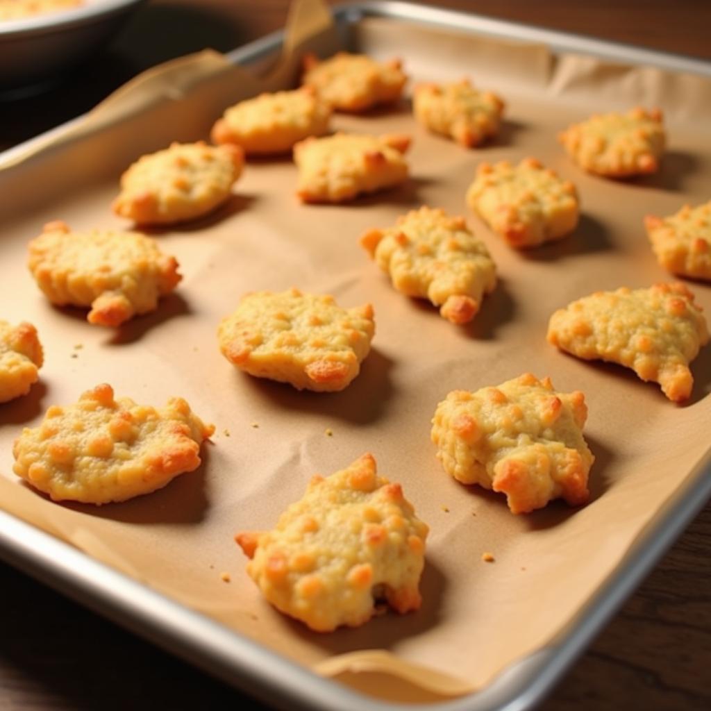 Chicken nuggets arranged on a baking sheet for a healthier cooking method