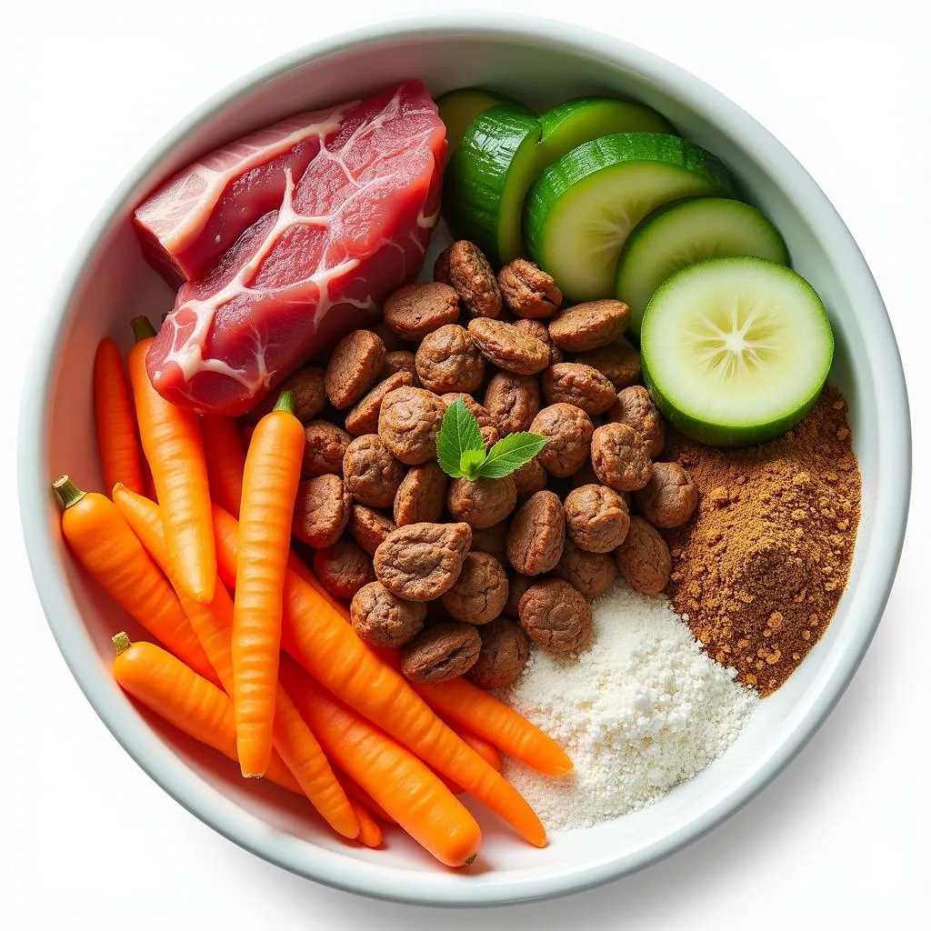 Dog food ingredients arranged in a bowl