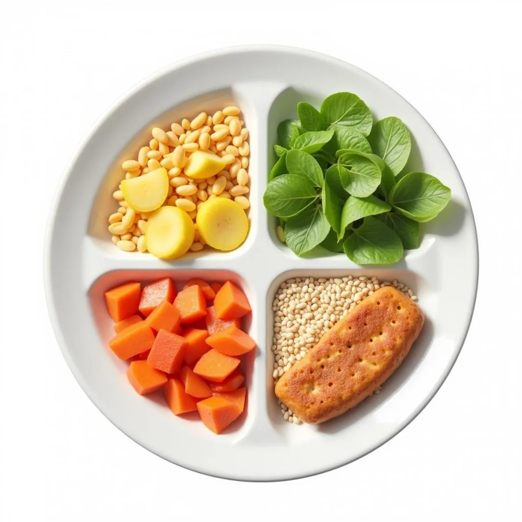 A plate divided into sections, showcasing the ideal proportions of food groups for a balanced sera growth meal