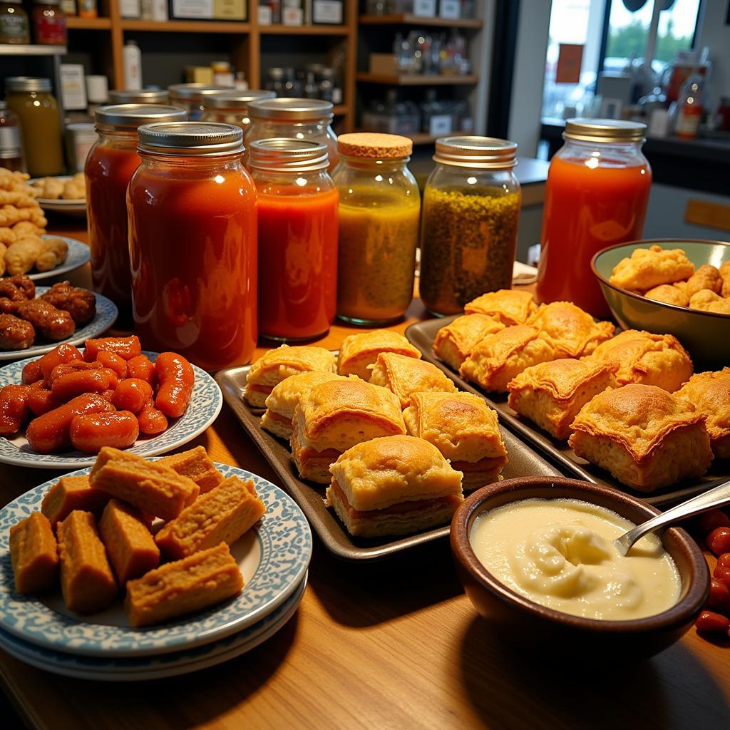 Balkan Food Shop Display with Ajvar, Cevapcici, Baklava, and Kajmak