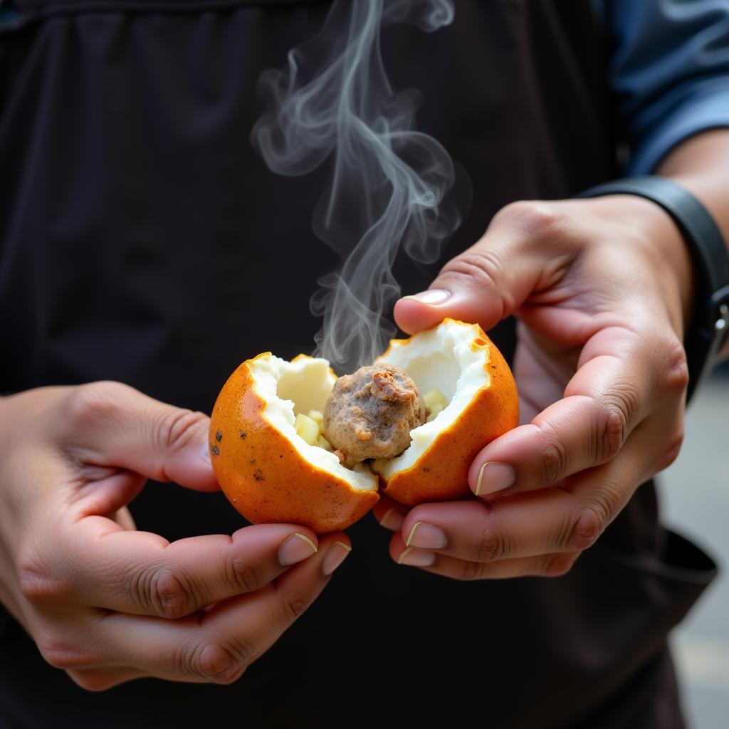 Balut, a fertilized duck embryo, is a common street food in the Philippines.