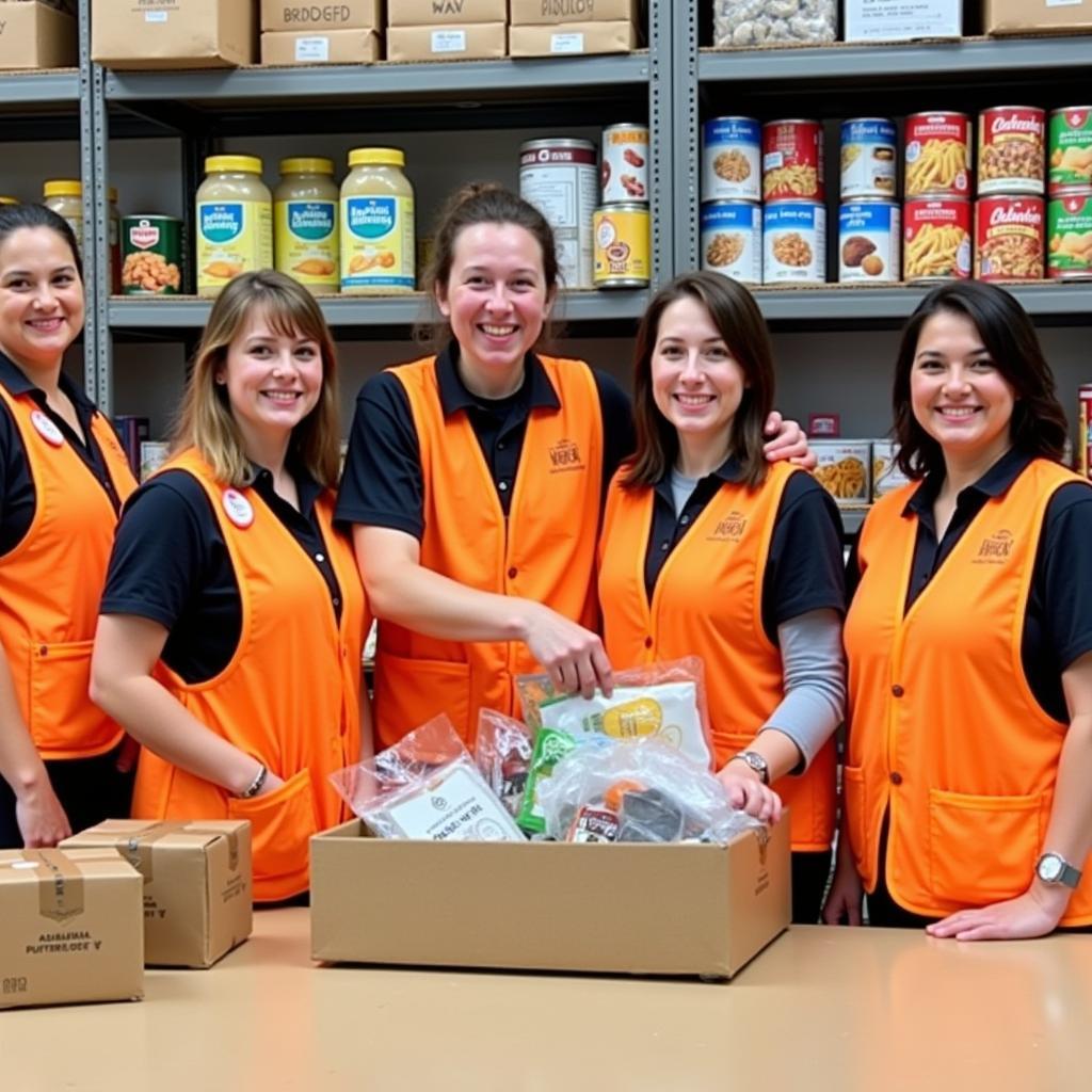 Volunteers at Banks Jackson Food Bank sort and pack donated food items.