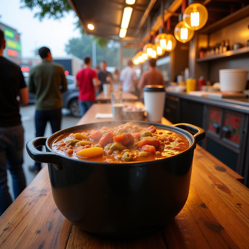 Steaming pot of gumbo on the Bayou food truck counter