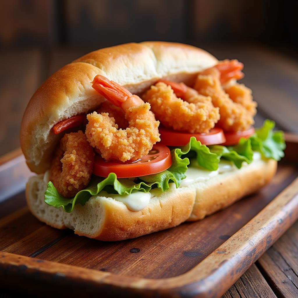 A delicious po'boy sandwich on a wooden serving tray