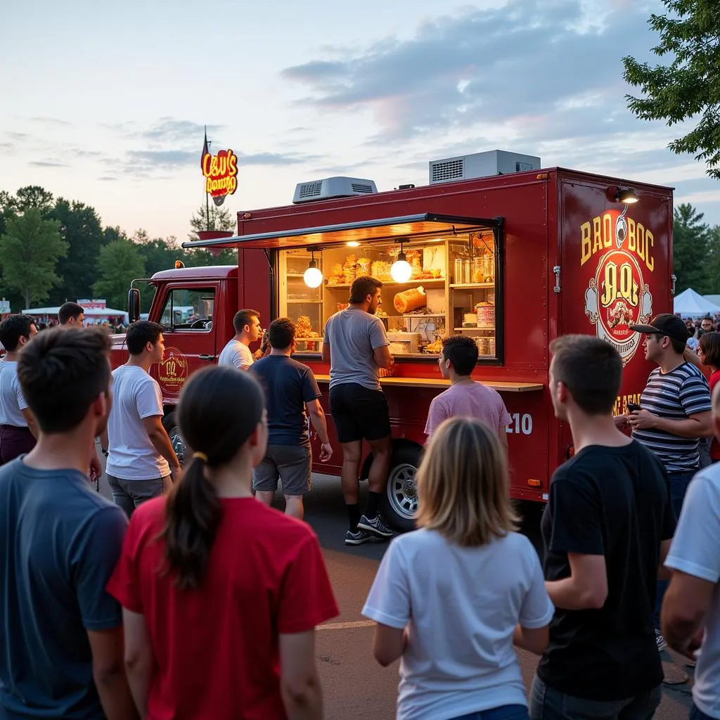 BBQ food trailer serving a crowd