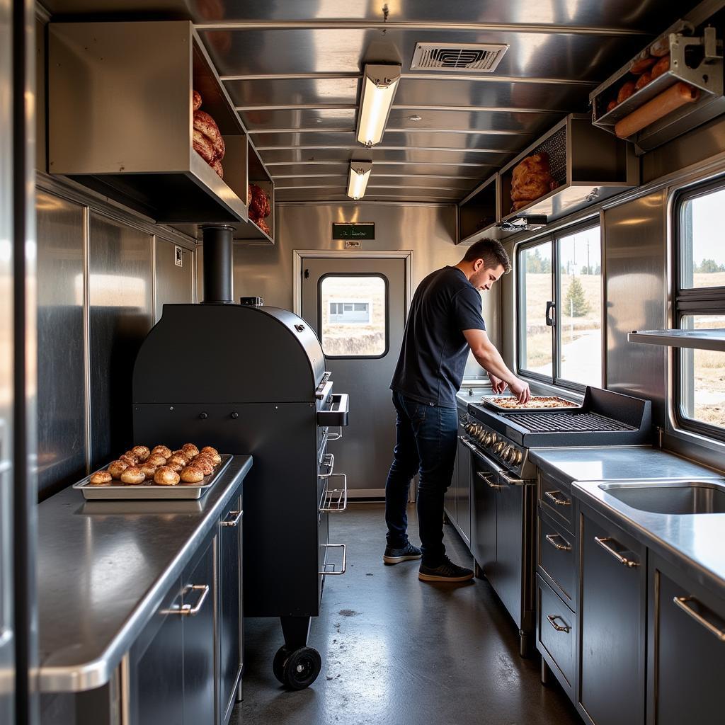 well-equipped bbq food trailer interior