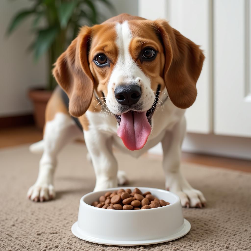 A Beagle happily enjoying its food from a bowl