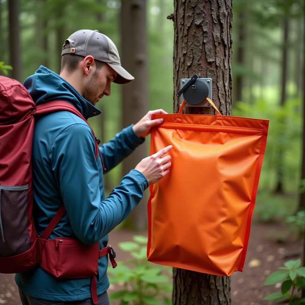 Backpacker using a bear-resistant food bag