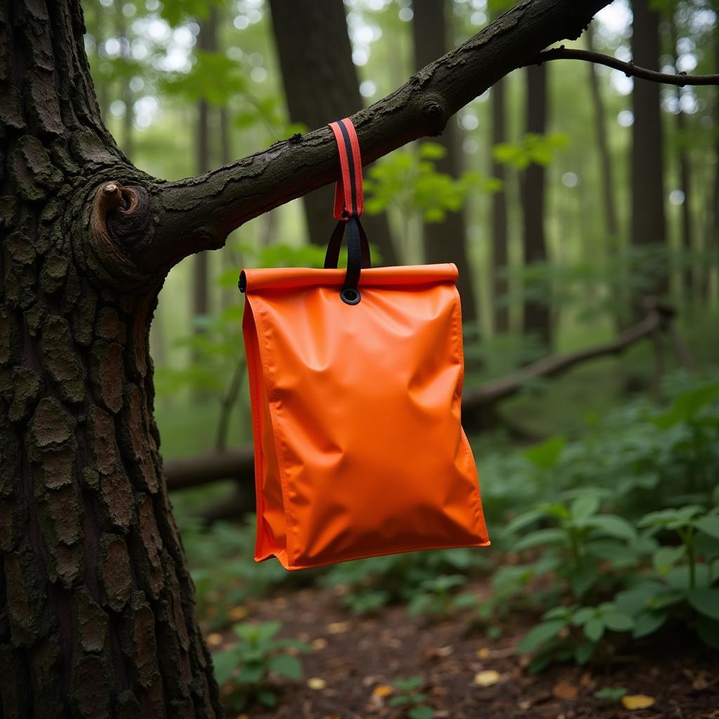 Bear-resistant food bag hanging from a tree in the wilderness