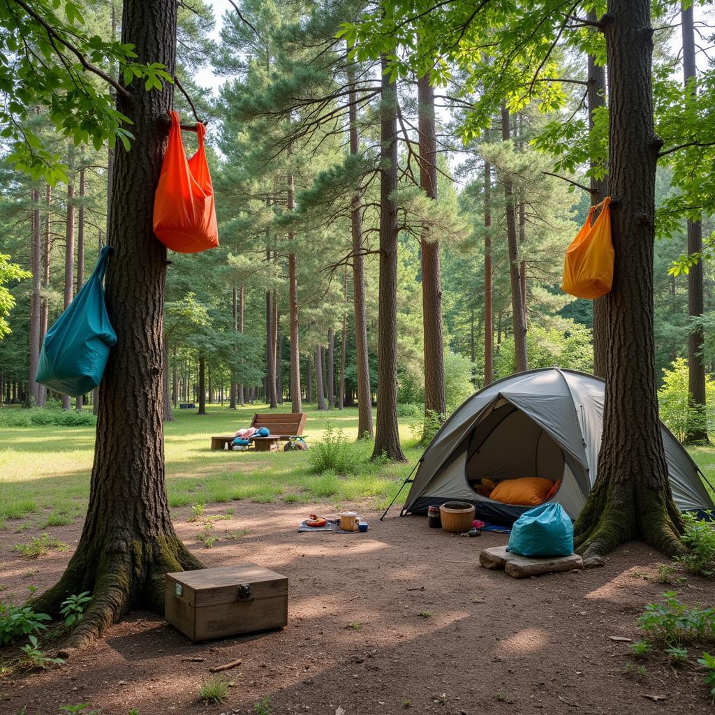 Multiple bear-resistant food bags hanging from trees in a campground