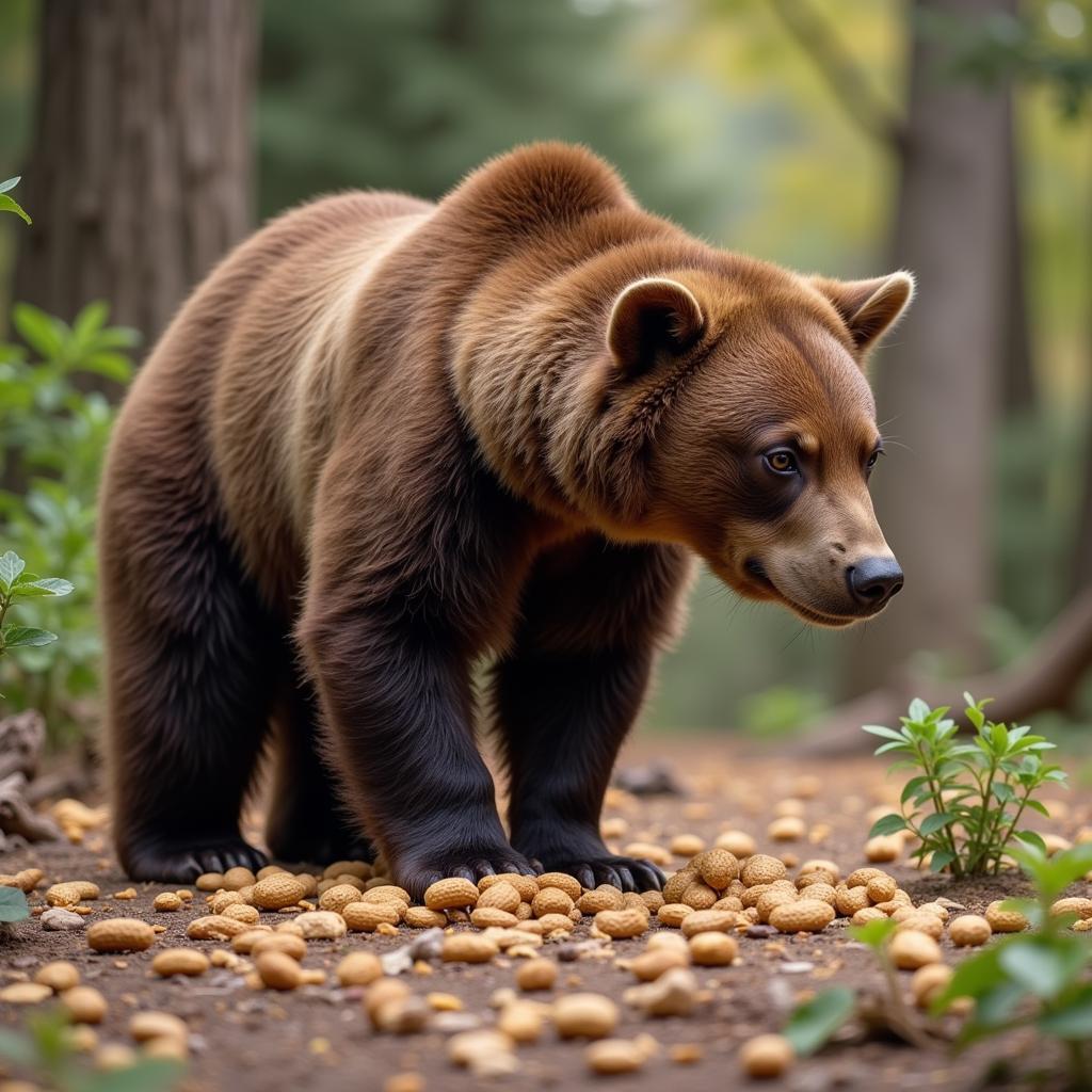 A bear investigates a potential peanut source with its keen sense of smell