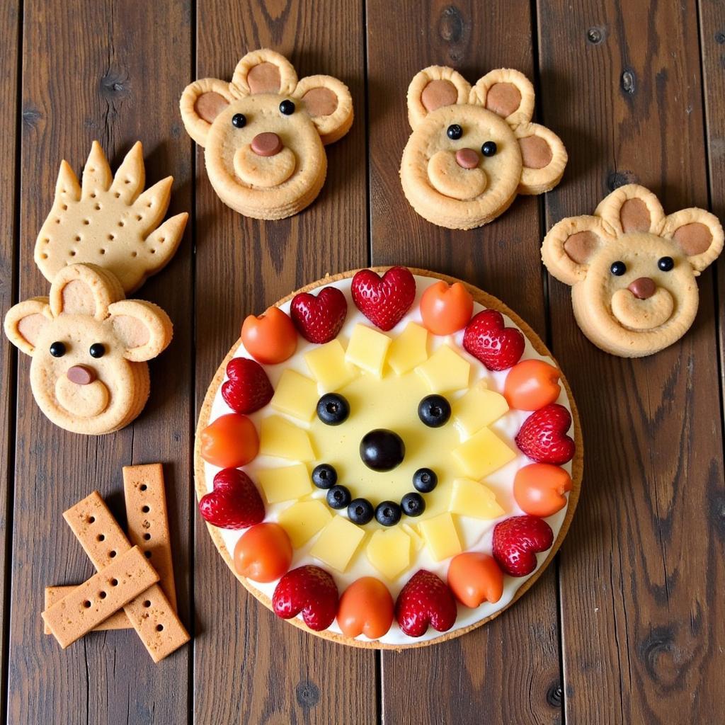 A selection of bear-themed treats arranged on a wooden table