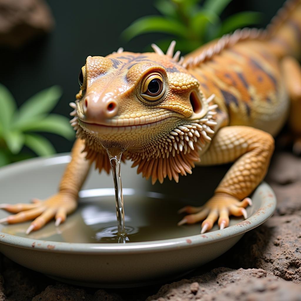 Bearded Dragon Hydrating from a Water Dish