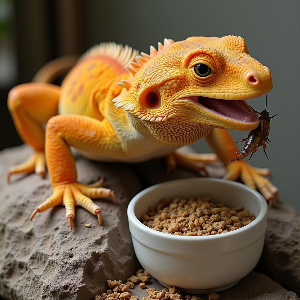 Bearded dragon enjoying a meal of crickets