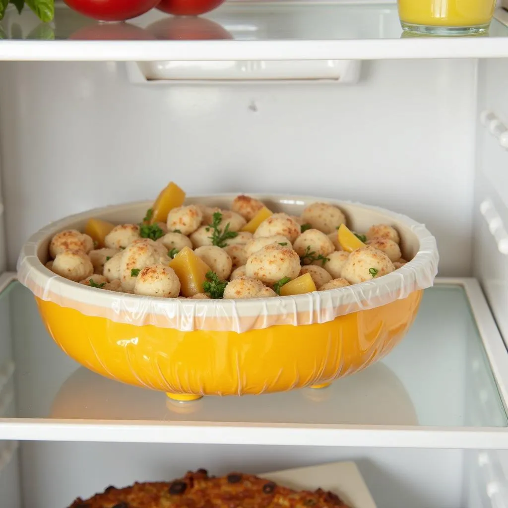 A bee wrappy covering a bowl of leftovers