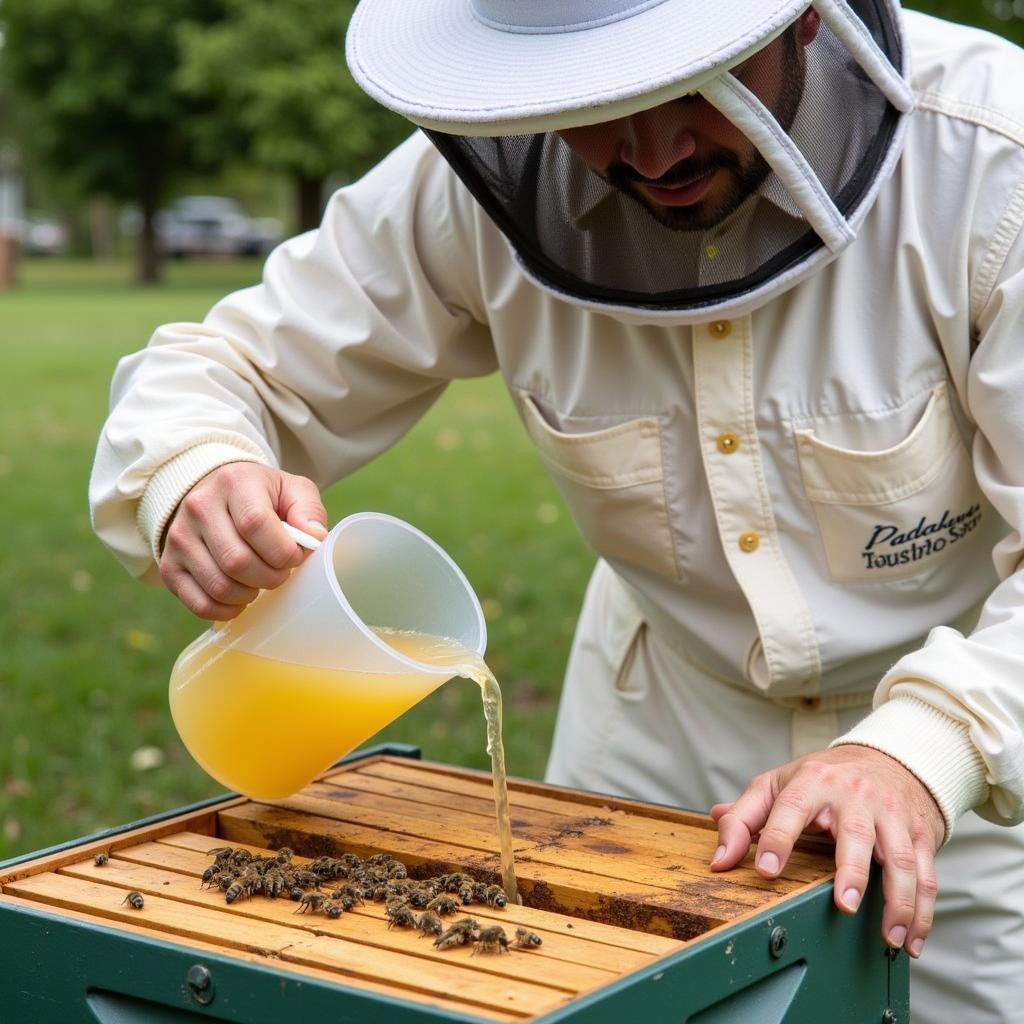 Beekeeper Feeding Sugar Syrup to Hive