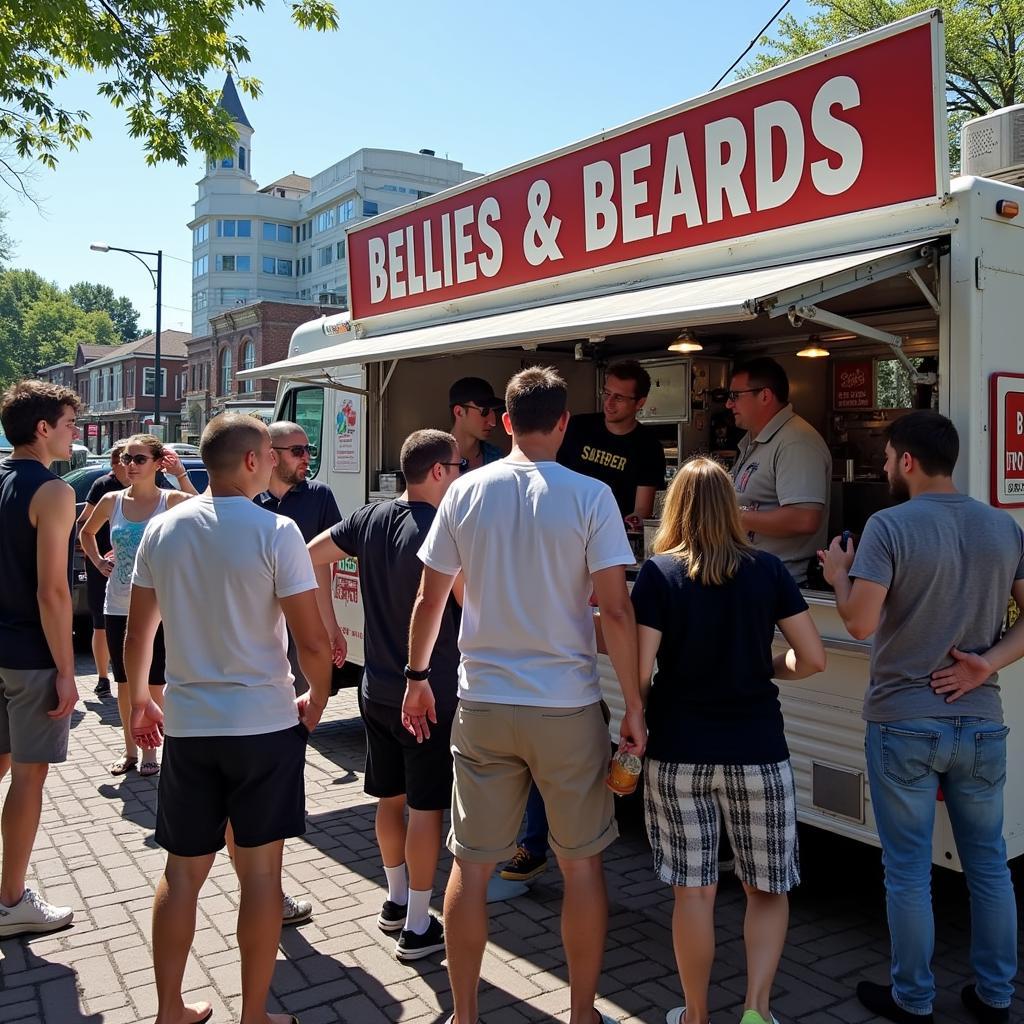 A crowd of people gathered around the Bellies and Beards food truck