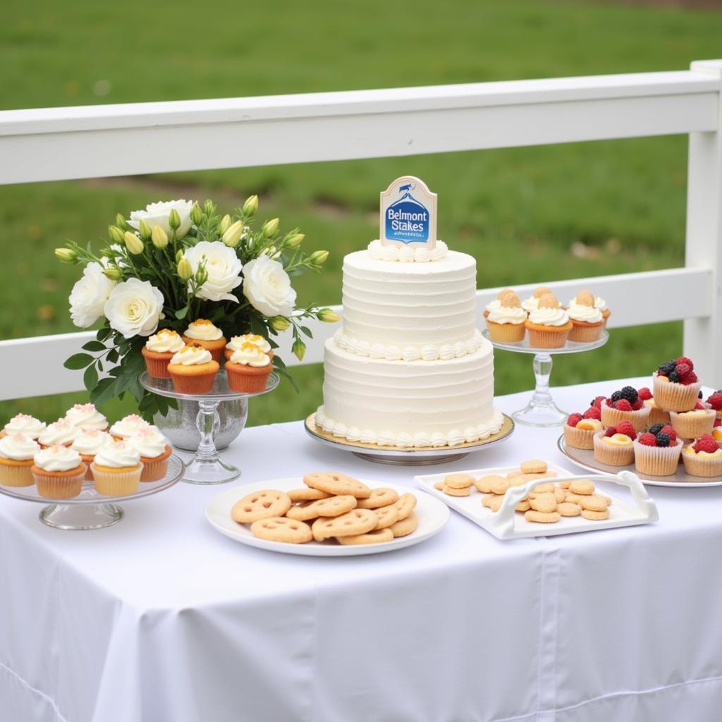 A beautifully decorated dessert table at a Belmont Stakes party, featuring an assortment of sweet treats and drinks.