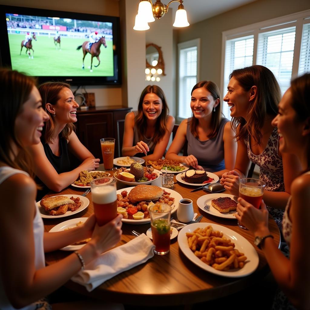 Guests at a Belmont Stakes party enjoying food and drinks while watching the race.