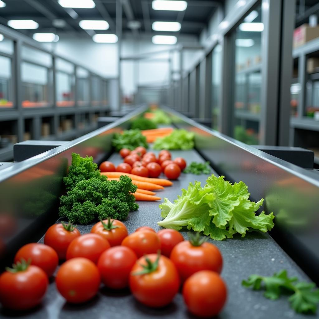 A stainless steel belt conveyor system transporting fresh produce in a food processing facility