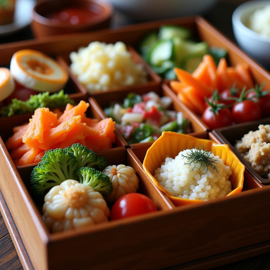 Bento box with compartments filled with different foods