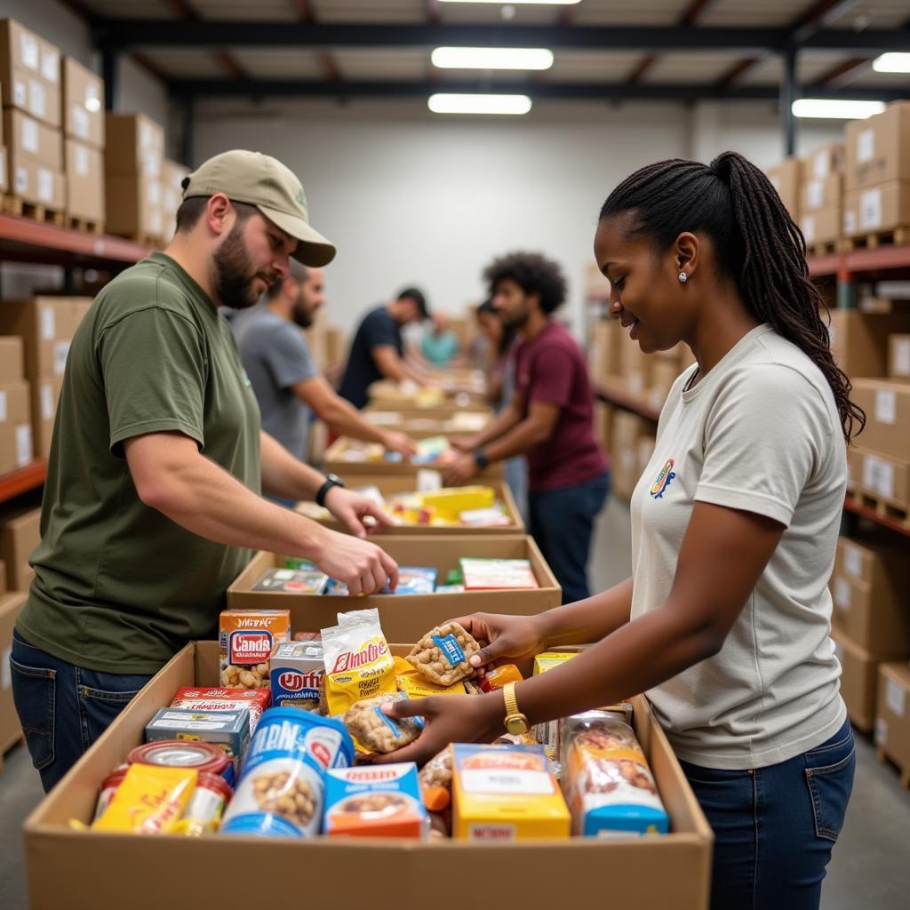 Volunteers packing food boxes at a Benton, AR food bank