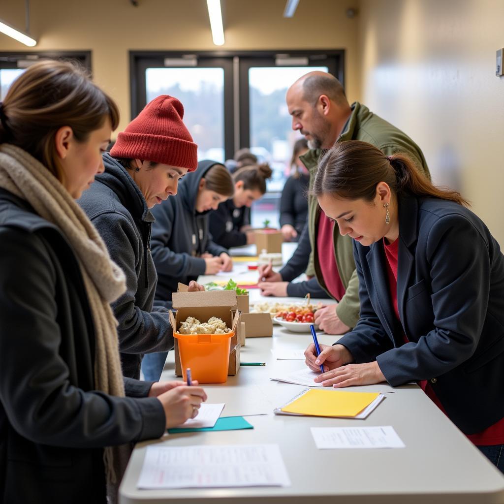 Individuals filling out registration forms at a Benton, AR food bank