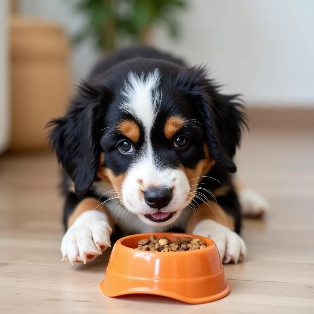 Bernedoodle puppy eating from a bowl