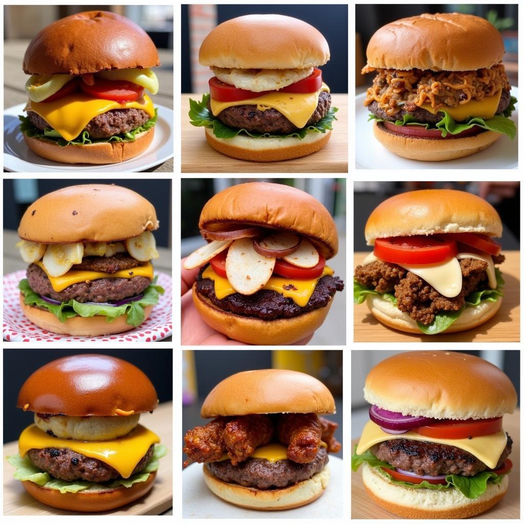 A collage showcasing a variety of gourmet burgers from different food trucks in San Diego