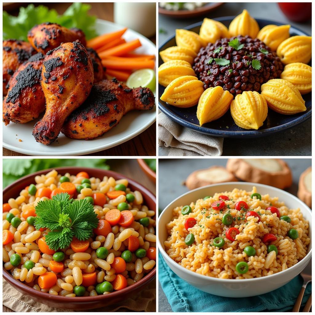 A colorful collage showcasing a variety of popular Caribbean dishes