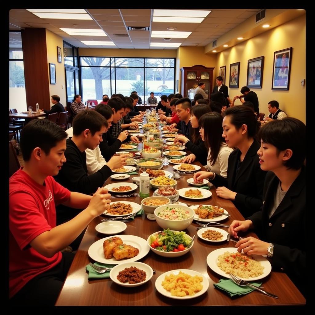 A bustling Chinese restaurant in Everett MA filled with people enjoying various dishes.