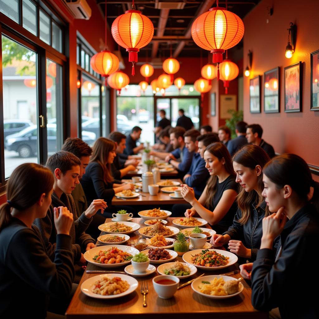 A bustling Chinese restaurant in Tiverton, RI, filled with patrons enjoying various dishes.