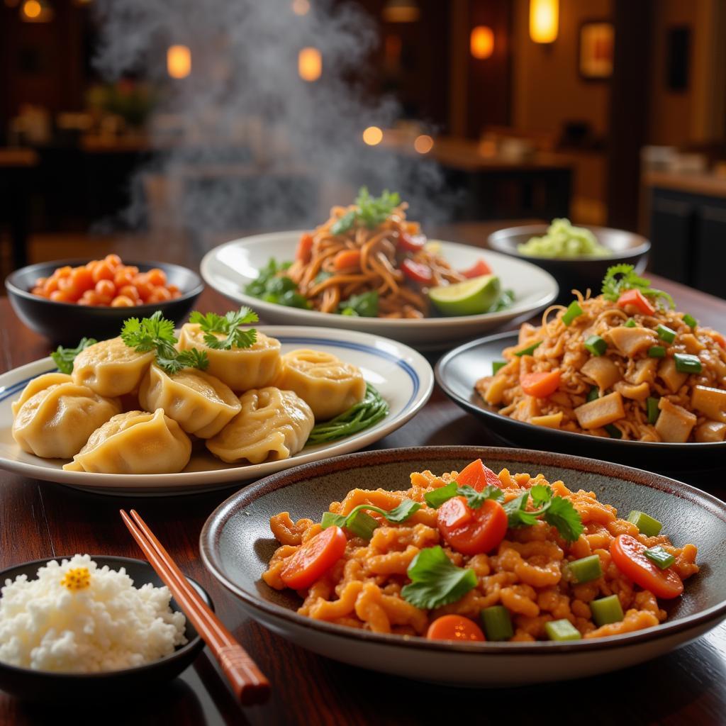 A vibrant collage showcasing various Chinese dishes from different restaurants in Oak Park 9 Mile. Steam rises from plates piled high with dumplings, noodles, and savory entrees, enticing viewers to explore the diverse flavors of the neighborhood.