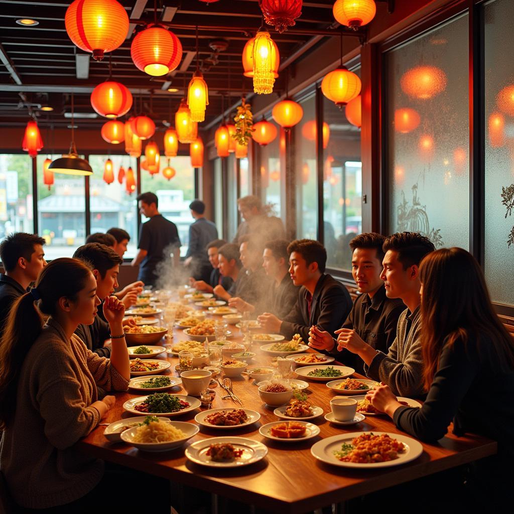 A bustling Chinese restaurant in Ridgefield Park, NJ, filled with eager diners enjoying a variety of dishes.