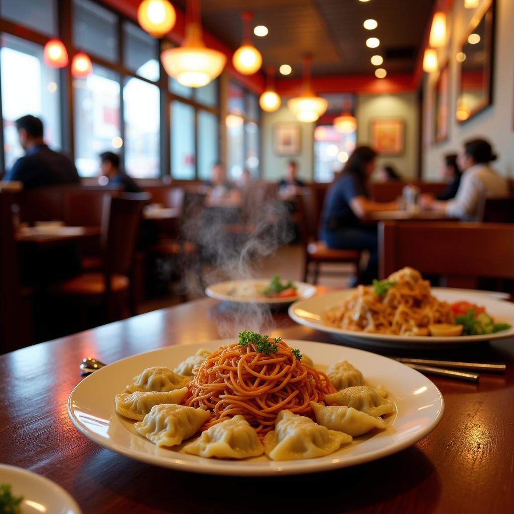 A plate of steaming dumplings and noodles at a bustling Chinese restaurant in Upper Darby, PA.