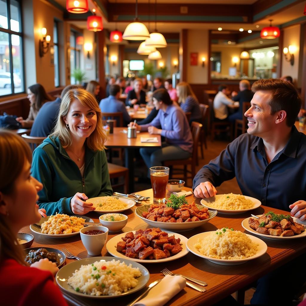 A bustling Chinese restaurant in Wilsonville, Oregon, filled with happy diners enjoying a variety of dishes.