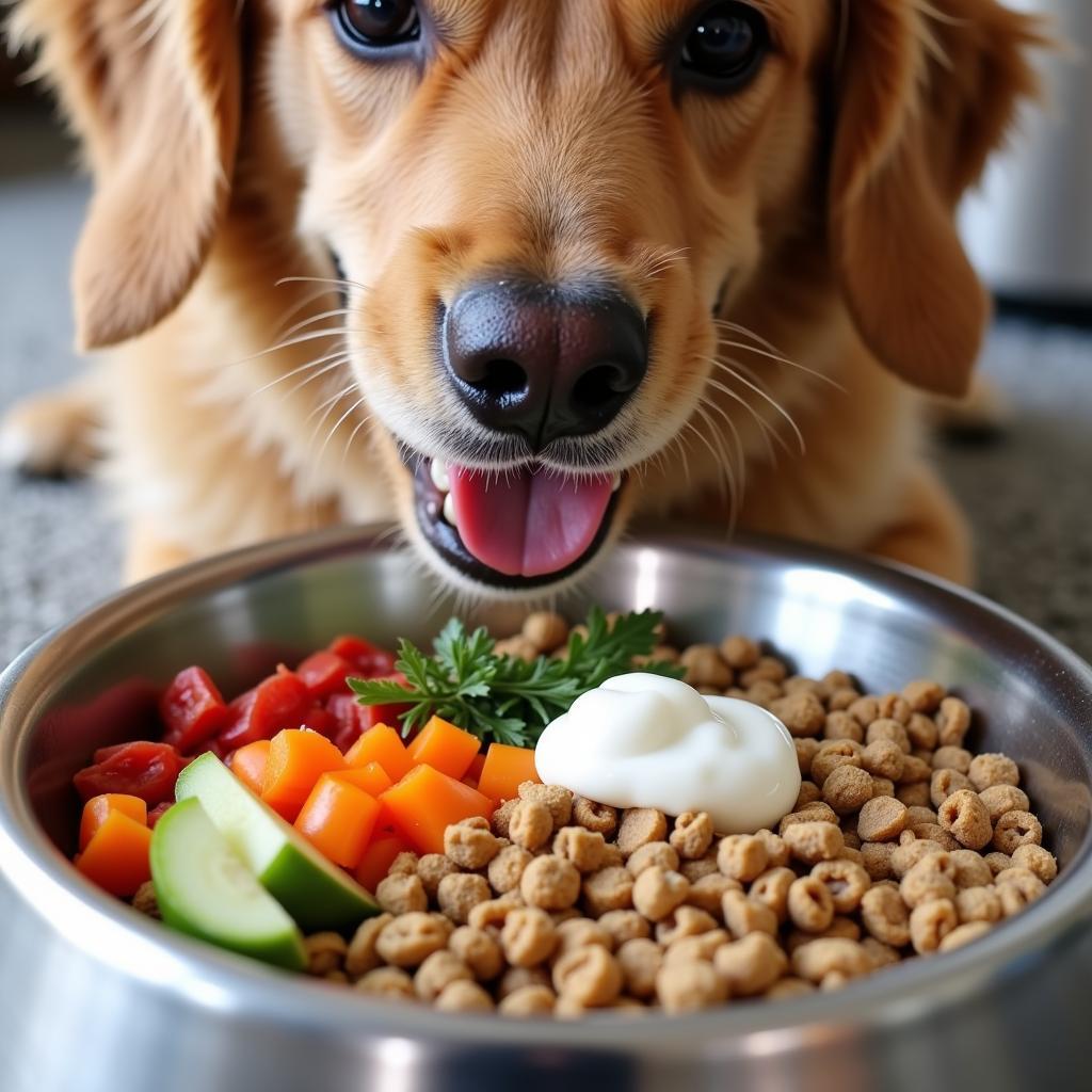 Dog enjoying a bowl of food with toppers