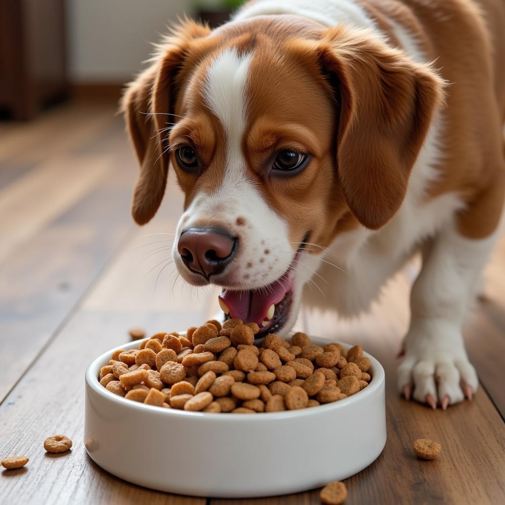 Dog happily eating food with topper