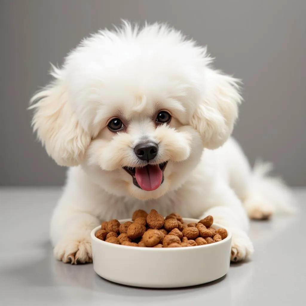 Bichon Frise eating from a bowl of dog food