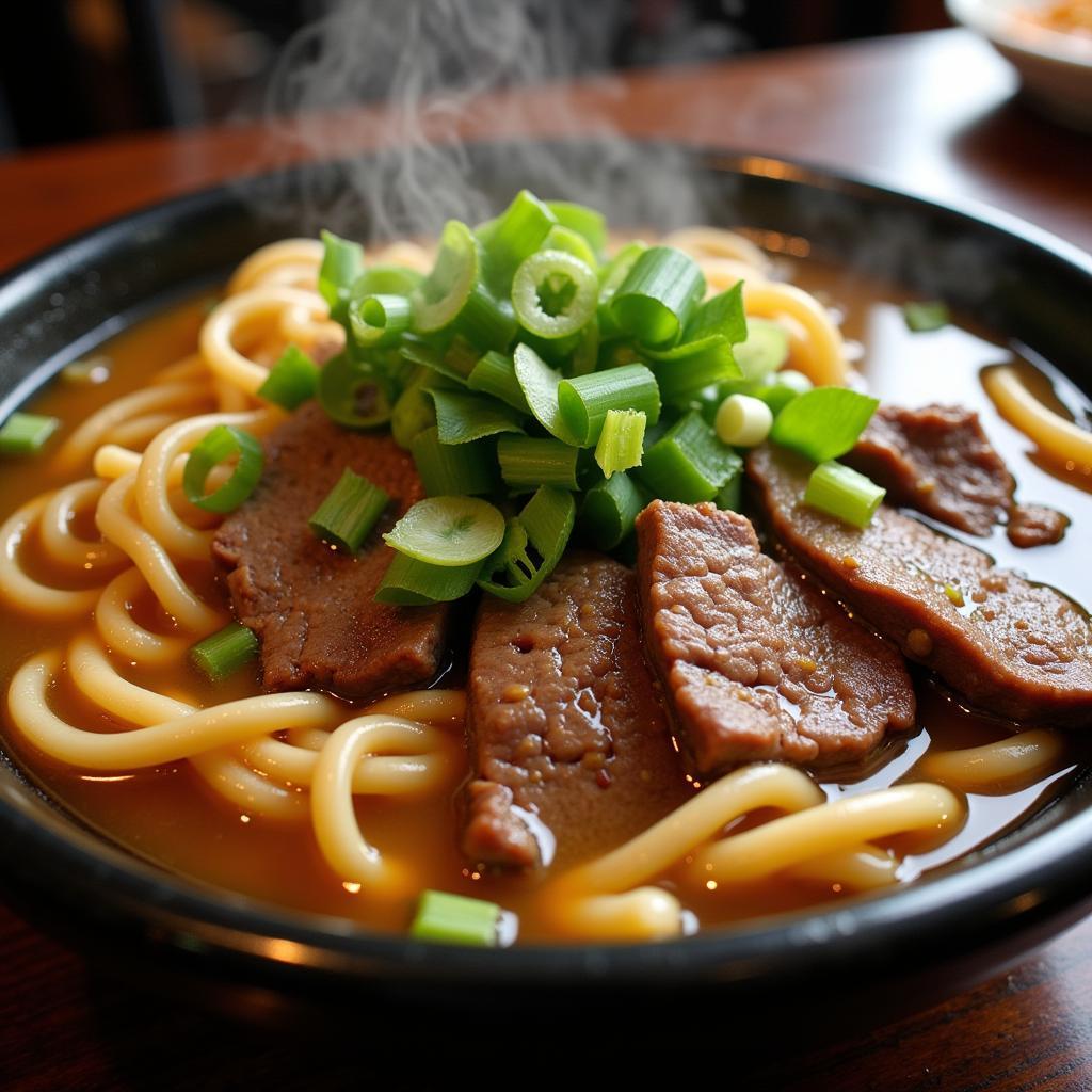 A steaming bowl of beef noodle soup in SGV