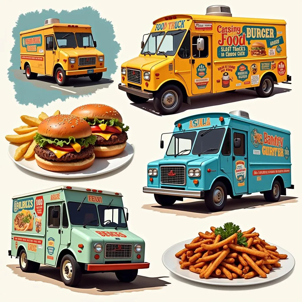 A vibrant collage showcasing the diverse range of food trucks in Abilene, Texas, from classic burger joints to gourmet food trucks