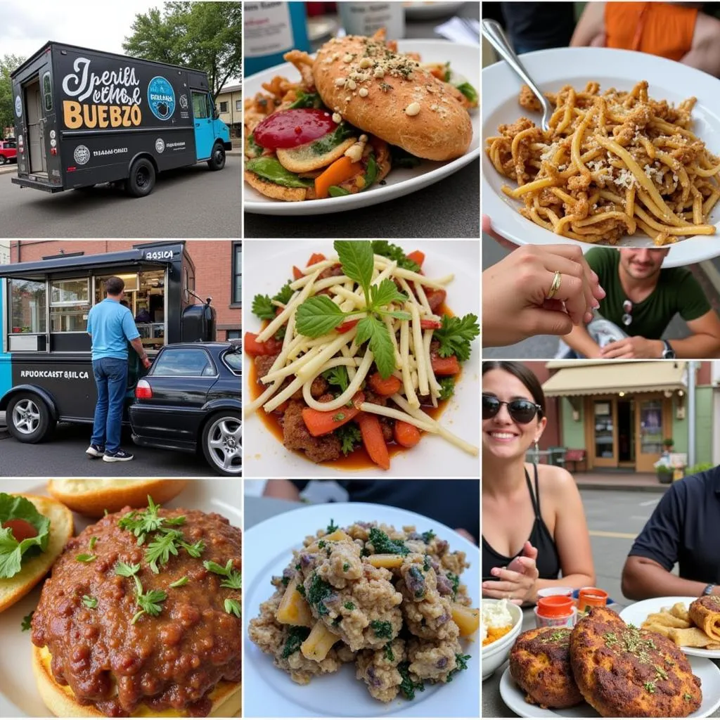 A collage showcasing a variety of food trucks in King of Prussia, PA.