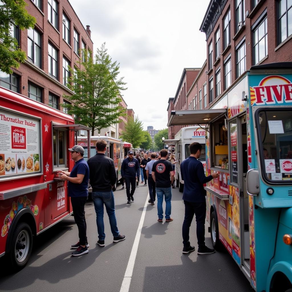 A bustling street in downtown Lowell with a variety of food trucks parked along the side