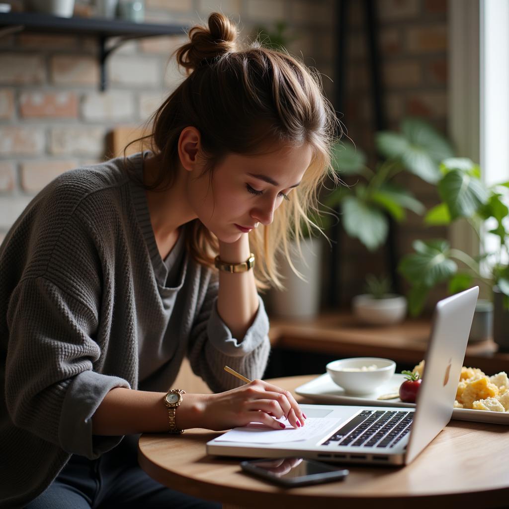 A blogger passionately typing on a laptop, surrounded by cookbooks, fresh ingredients, and a steaming cup of coffee.