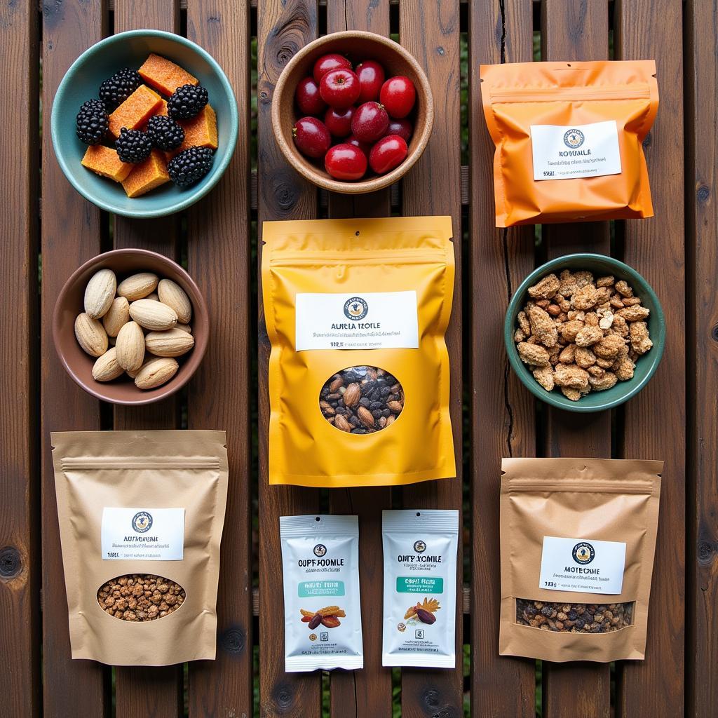 A variety of backpacking food laid out on a picnic table