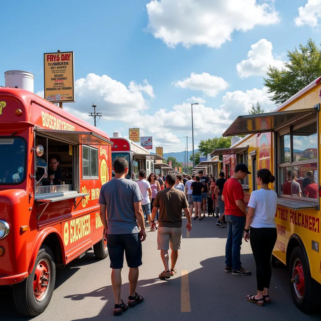 A diverse selection of food trucks lined up for a fry day event