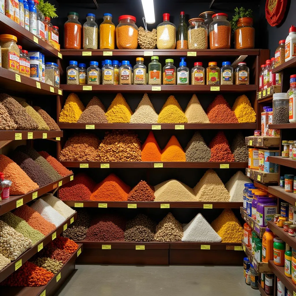 A bustling Indian grocery store in Portland, Oregon, with shelves stocked full of colorful spices, lentils, rice, and other ingredients.