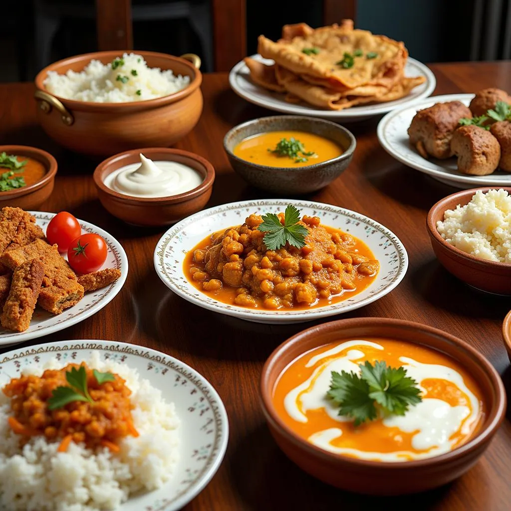 A table showcasing a variety of colorful Indian dishes in Bay Ridge, Brooklyn.