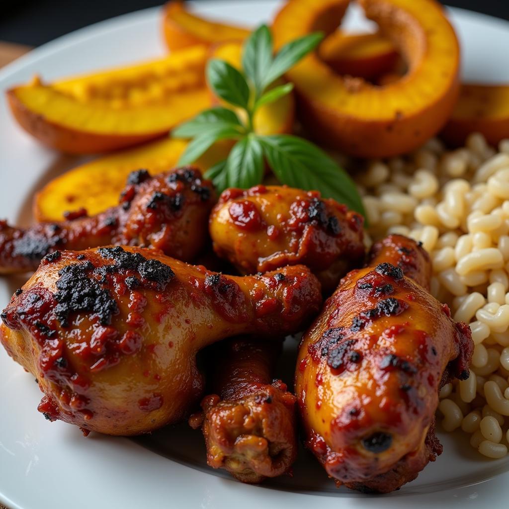 A colorful plate of jerk chicken, rice and peas, and plantains.