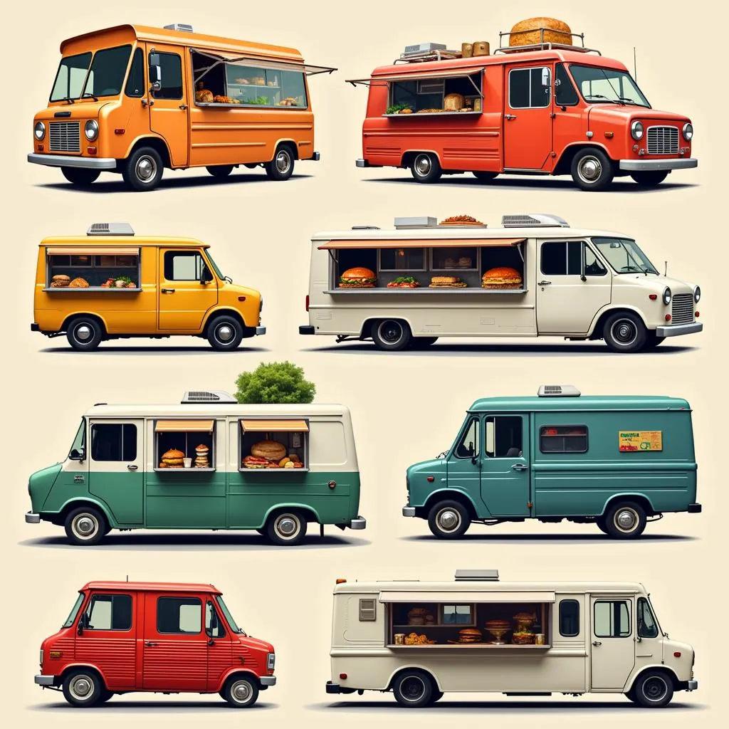 A vibrant collage of various food trucks lining a city street